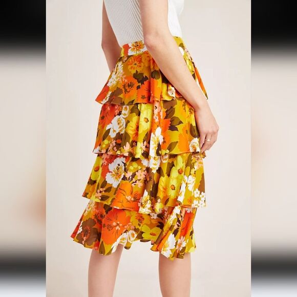 Anthropologie Mavis Tiered Floral Midi Skirt Yellow & Orange Size 4 - Picture 2 of 13